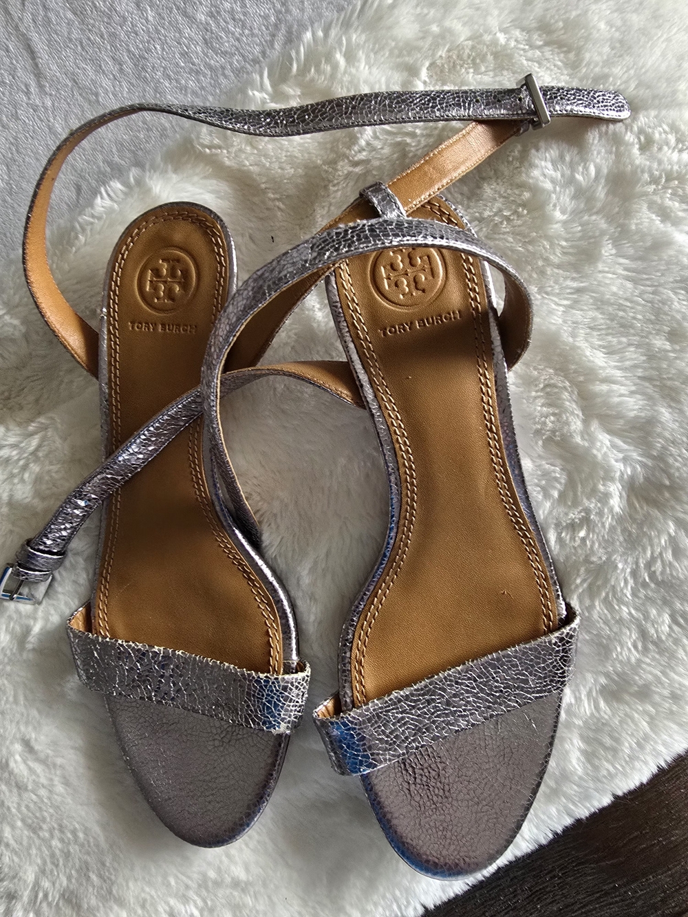 Tory Burch Metallic Silver Leather Ankle-Strap Sandals